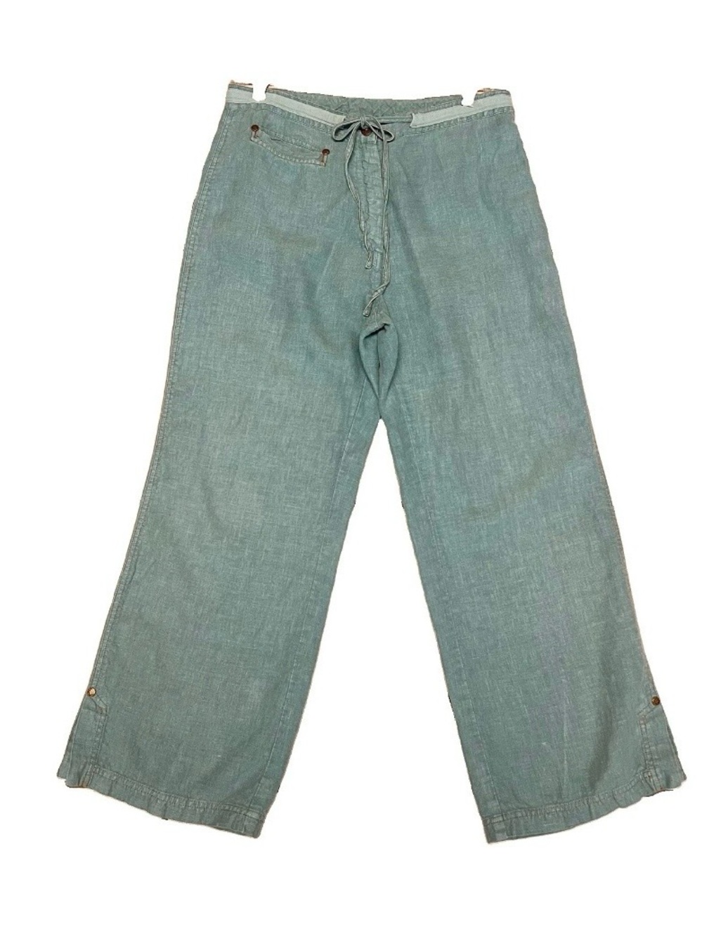 Super Cute KLEEN 100% Linen Unique Green Pants Sz S Mid Rise Cropped Inseam 25”